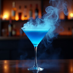 Mystical Blue Cocktail in Martini Glass with Smoke in Elegant Bar Setting