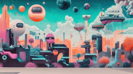 Vibrant cityscape of the future, featuring floating vehicles, geometric buildings, and surreal elements in a vibrant color palette