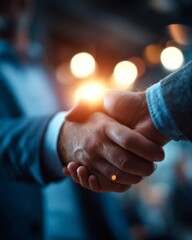 Close-up of two businesspeople shaking hands in warm light