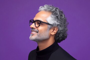 Conceptual art of style for aging men. A sophisticated gentleman in a well-lit studio. Purple solid background. Trendy men's undercut haircut - midlife indian man with curly hair.