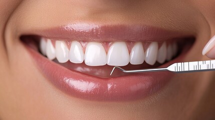 Detailed close-up of a porcelain veneer measured with calipers, highlighting a smile makeover procedure