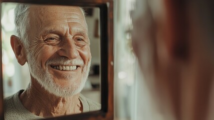 Elderly patient smiling proudly in front of a mirror after receiving a successful dental implant treatment