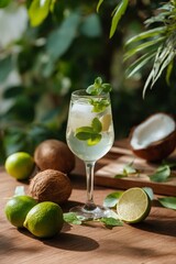 Refreshing coconut lime drink with mint leaves in sunlit tropical setting