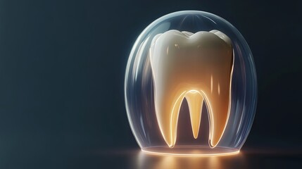 Futuristic concept of a human tooth shielded under a transparent dome, representing advanced medical protection