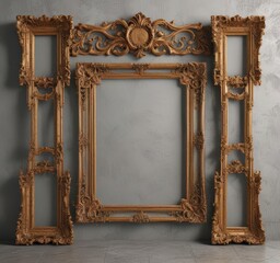 Empty ornate frames collage mockup, textured background, layout, frames, light