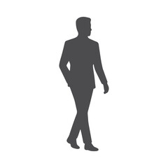 Obraz premium Silhouette of a man in a suit, hands in pockets, representing office staff or a business professional. Sleek vector design for corporate, leadership, or workplace-themed projects