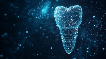 Stylized icon of a dental implant formed from a low-poly starry wireframe, set against a space-themed backdrop