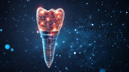 Stylized icon of a dental implant formed from a low-poly starry wireframe, set against a space-themed backdrop