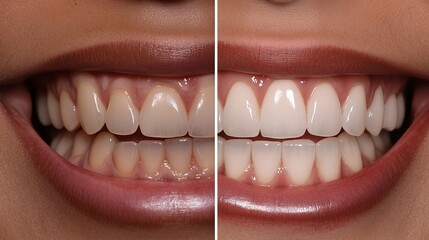 Woman's smile transformation shown in a close-up before-and-after collage after dental veneer placement