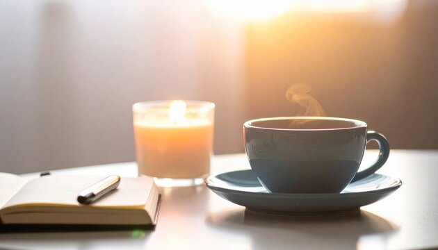 A white table features a hot cup of coffee, a green teacup with a saucer, and a brown teapot, offering a choice of caffeinated breakfast beverages