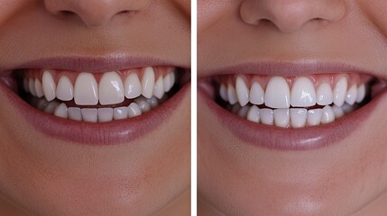 Woman's smile transformation shown in a close-up before-and-after collage after dental veneer placement