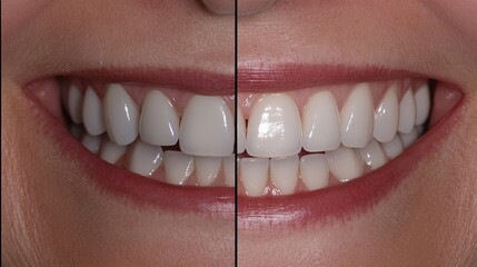 Woman's smile transformation shown in a close-up before-and-after collage after dental veneer placement