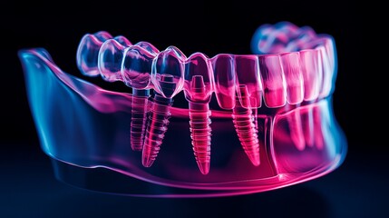 X-ray rendering of dentures integrated with implants, offering a detailed 3D view