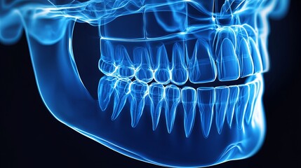 X-ray rendering of dentures integrated with implants, offering a detailed 3D view