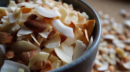 Close-up of almonds and coconut flakes in a ceramic bowl