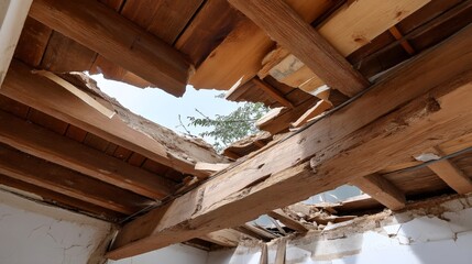 Damaged wooden roof with large hole exposing sky