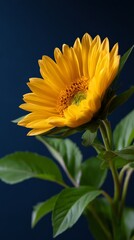 Vibrant yellow sunflower with green leaves against dark blue background