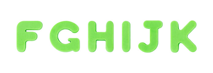 Colored clay shaped like the English letter F, G, H, I, J, K. light green, green