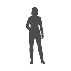 Fototapeta premium Silhouette of a woman in a dress and heels, representing a professional office staff member. Elegant vector design for corporate, business, or workplace themes in presentations or websites