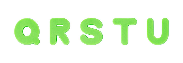 Colored clay shaped like the English letter Q, R, S, T, U. light green, green