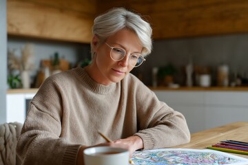Mature caucasian woman relaxing with adult coloring book and coffee