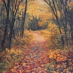 Obraz premium Autumn path strewn with fallen leaves.