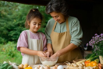Caucasian female elderly and child baking in rustic outdoor setting