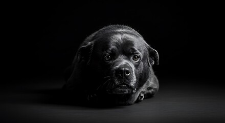 Fototapeta premium Dog Resting Head on Floor in Dark Studio Setting