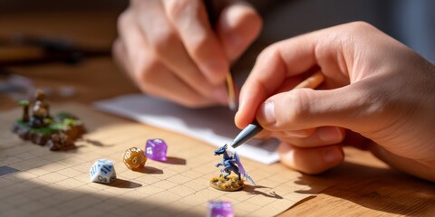 Tabletop gaming: close-up of miniature painting and dice rolling scene