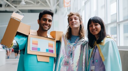 Diverse young adults in creative cosplay outfits at convention center