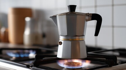 Moka pot brewing fresh coffee on gas stove in kitchen setting