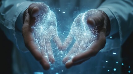 Hands holding digital network