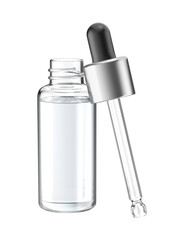 Glass bottle with clear liquid and pipette on transparent background