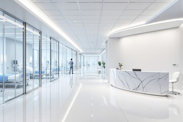 Bright hospital hallway with marble reception desk, glass wall rooms with patient beds, minimalistic white interior, futuristic medical facility. Ai generative