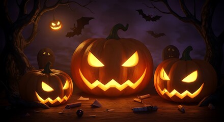 Glowing Pumpkins on Halloween Night Spooky Scene