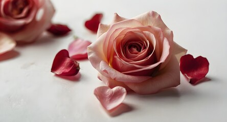 Heart-shaped arrangement of rose petals on a clean white surface, creating a romantic and elegant display.
