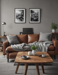 Brown couch, wooden dining table, black & white photos, grey wall, chic living space,  interior design,  space