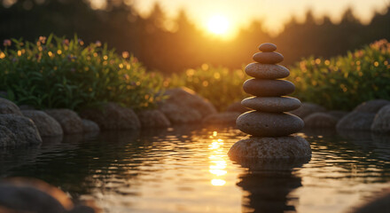 Obraz premium pyramid of stones against the sun, energy balance concept. Generative AI