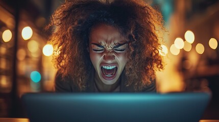 Frustrated Woman Screaming at Laptop Screen