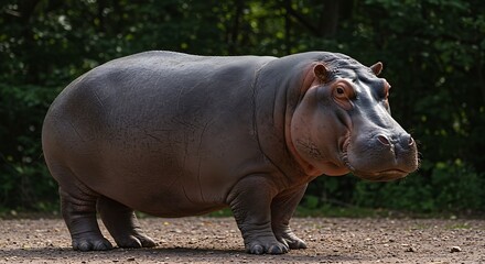 Hippo Standing in the Wild Resting on Dry Land