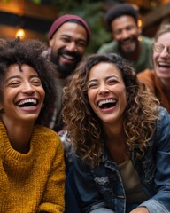 Obraz premium Diverse group of friends laughing together while sitting in outdoors