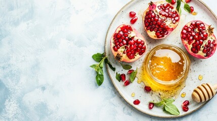 Pomegranate halves with honey on a plate