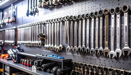 motorcycle tools hanging on wall board