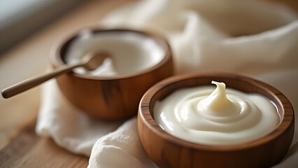 Obraz premium Creamy Yogurt in Wooden Bowls Closeup Photography