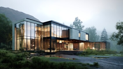 Naklejka premium Elegant modern house in the countryside, featuring large glass windows that invite natural light.