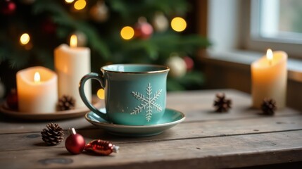 Warm Festive Beverage in Teal Mug with Snowflake Design Beside Burning Candles and Pine Cones on Rustic Wooden Table