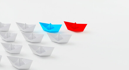 Paper boats in white blue and red on a white background showing leadership and standing out concept