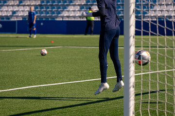 Goalkeeper Warming Up on Football Field with Copy Space on Turf