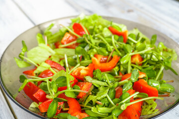 Fresh vegetable salad with micro greens and red pepper in a transparent bowl. Concept of healthy nutrition using for cookbook or food blog.