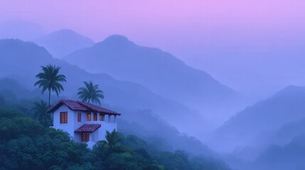 Fototapeta premium A serene hillside house surrounded by lush green trees and misty mountains glowing under a soft purple sky creating an enchanting tropical atmosphere at dawn captured with clarity
